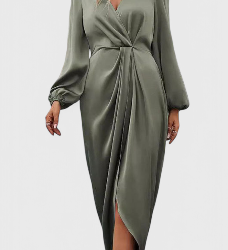 Rochie Elegantă Lungă Andrea cu Decupaj în V și Fisură Pe Laterale